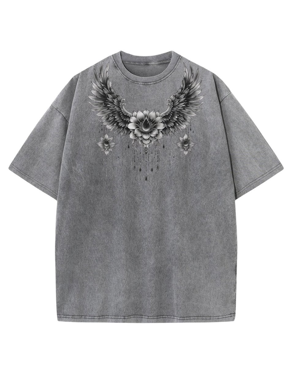 Męska koszulka oversize efekt sprania Kwiaty Skrzydłą Wolność Grafitowa M
