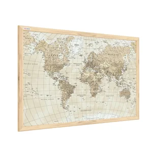 Tablica magnetyczna obraz mapa świata beżowe pastelowe kolory 60x40cm w ramie drewnianej naturalnej - Tablice i flipcharty - miniaturka - grafika 1
