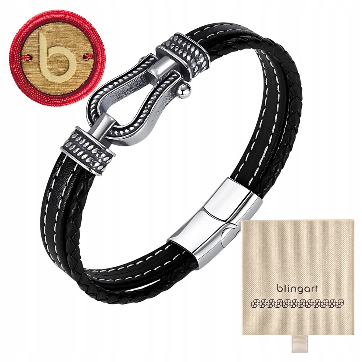 Bransoletka męska skórzana czarna ze stalą chirurgiczną 316L BLINGART