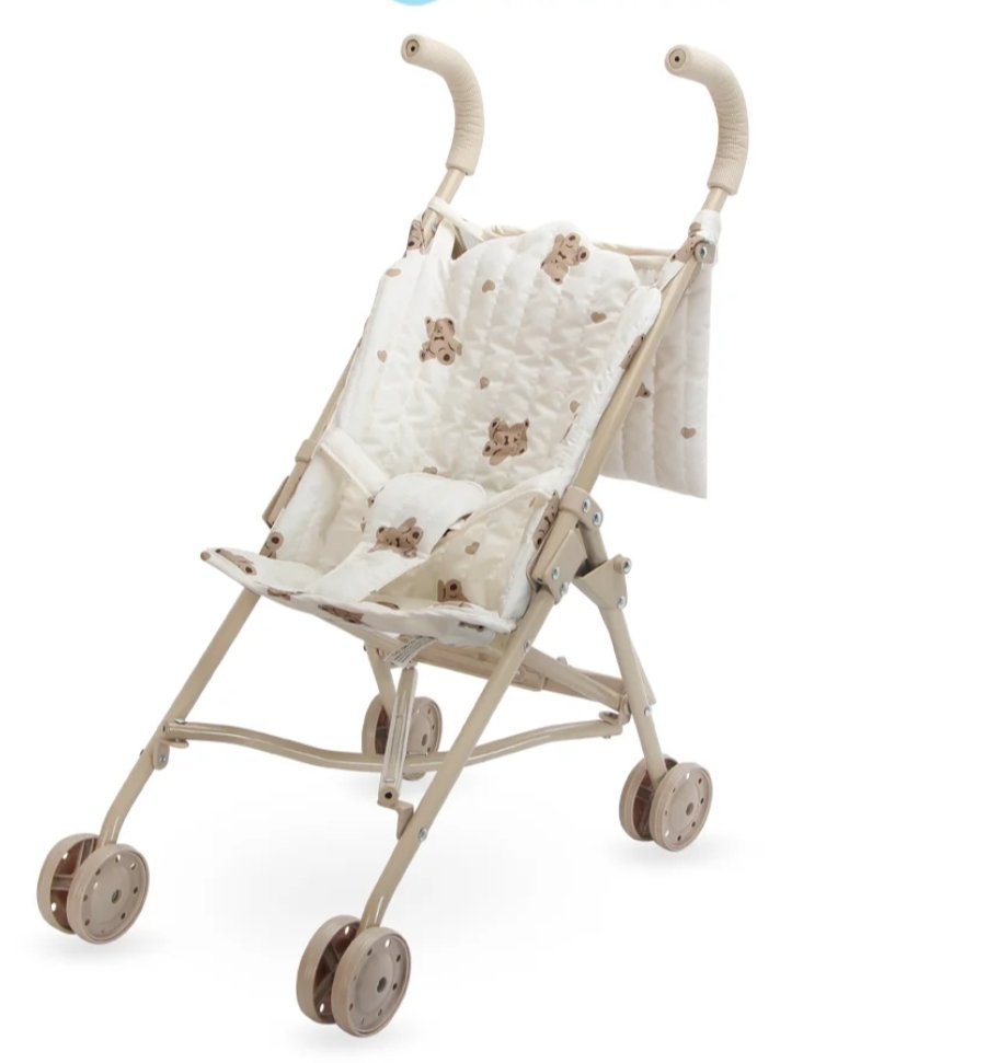 Wózek dla lalek z beżowym materiałem w misie – składany, lekki, z pasami i koszem