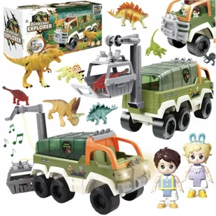 SAMOCHÓD Z DINOZAURAMI OTWIERANY DACH RUCHOMY KOSZ ŚWIATŁO DŹWIĘK FIGURKI - Mały naukowiec - miniaturka - grafika 1