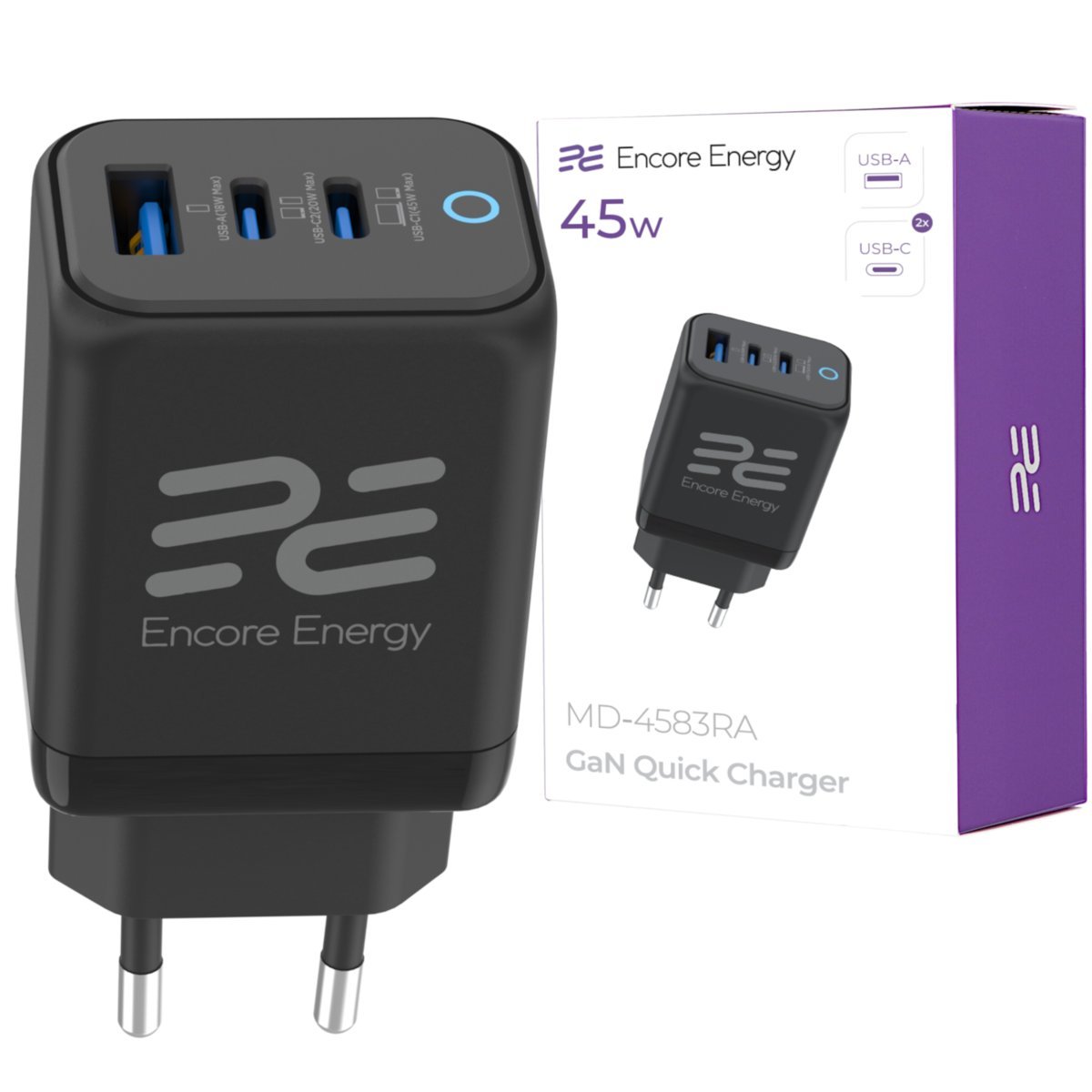Nowa ładowarka sieciowa 45W USB-A + 2x USB-C QC PPS PD Encore Energy MD-4583RA