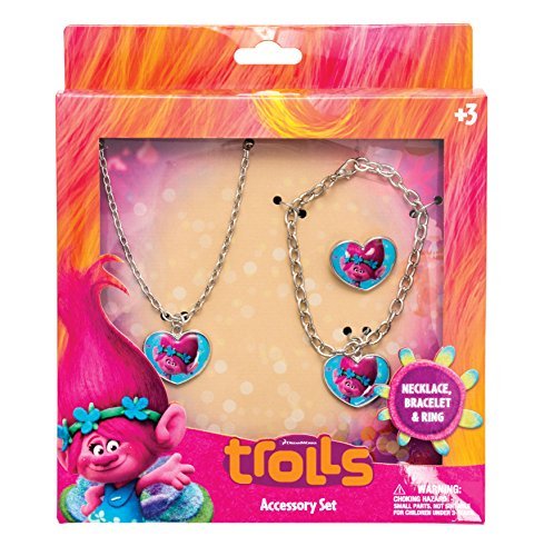 Joy Toy 65176 Trolls mak bransoletka/naszyjnik i pierścionek metalowy zestaw biżuterii w opakowaniu prezentowym