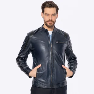 Męska kurtka biker ze skóry owczej granatowa - Kurtki męskie - miniaturka - grafika 1