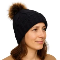 Czapki damskie - Czapka damska zimowa z pomponem polska produkcja granatowa ocieplana polarem - miniaturka - grafika 1