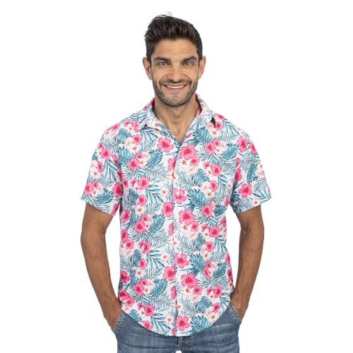 Chaks – hawajska koszula męska z hibiskusem w jasnoróżowym kolorze, letnia koszula z krótkim rękawem na imprezy, festiwale, wakacje i plażę