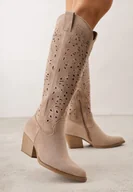 Kozaki damskie - Ciemnobeżowe Ażurowe Kozaki Typu Kowbojki na Stożkowym Obcasie Antastus - miniaturka - grafika 1