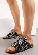 Klapki i japonki damskie - Czarne Klapki z Wycięciami i Ozdobną Tasiemką Reddia - miniaturka - grafika 1