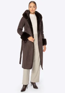 Płaszcz damski z kołnierzem i mankietami ze sztucznego futra brązowy - Płaszcze damskie Płaszcz damski z kołnierzem i mankietami ze sztucznego futra brązowy - Płaszcze damskie - miniaturka - grafika 1