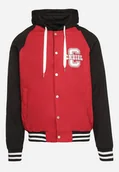 Kurtki męskie - Czerwona Dwustronna Kurtka Bomberka z Kapturem Ozdobiona Paskami i Napisami Mevalora - miniaturka - grafika 1