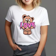 Koszulki i topy damskie - T-Shirt Koszulka biała z nadrukiem Miś Love Teddy rozmiar S - miniaturka - grafika 1