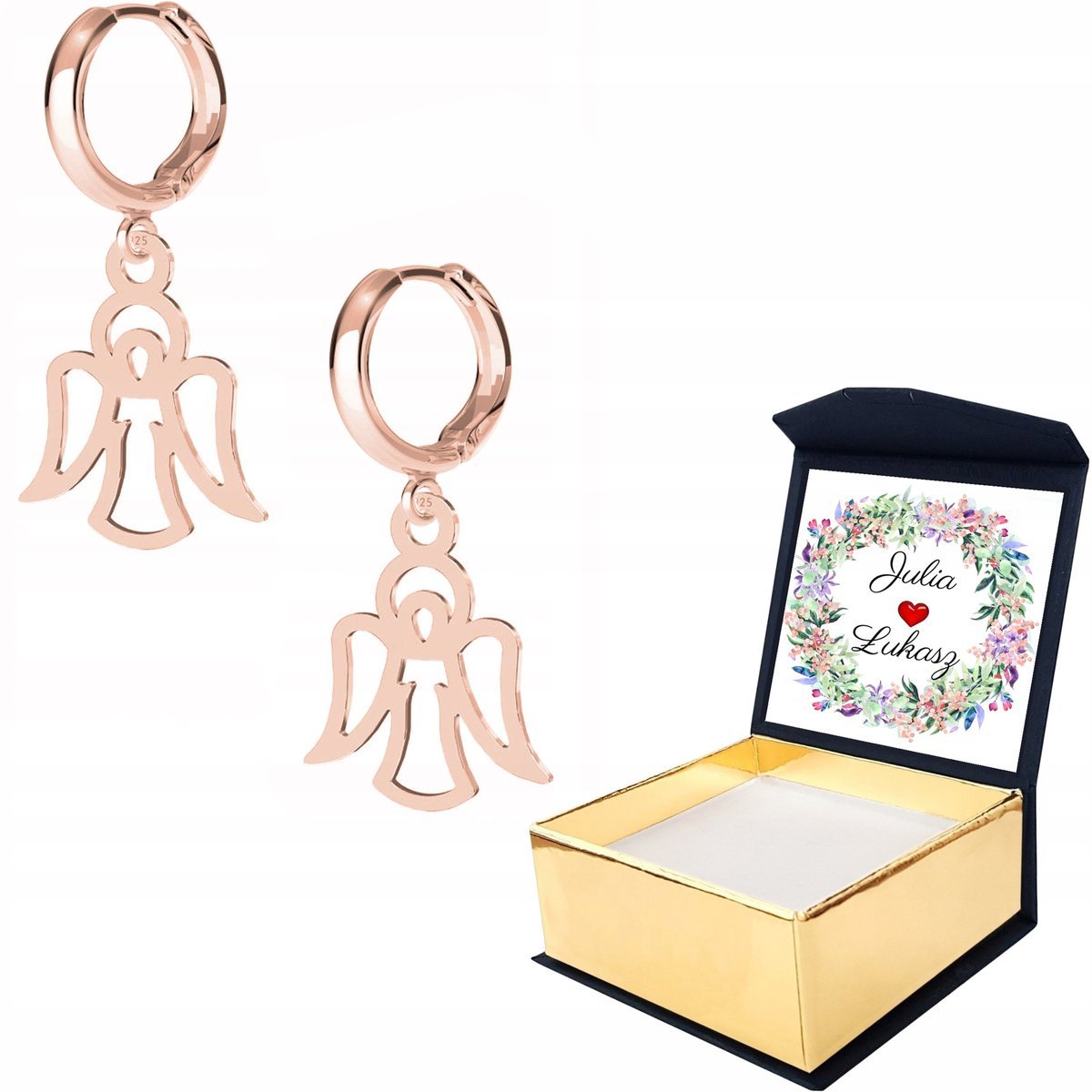 Kolczyki różowe złoto Anioł Aniołek WŁASNY NADRUK