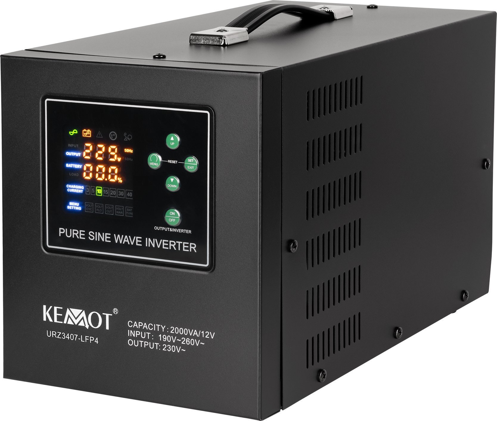 Zasilacz awaryjny KEMOT PROsinus-2000 przetwornica z czystym przebiegiem sinusoidalnym i funkcją ładowania 12V 230V 2000VA/1200W URZ3407-LFP4