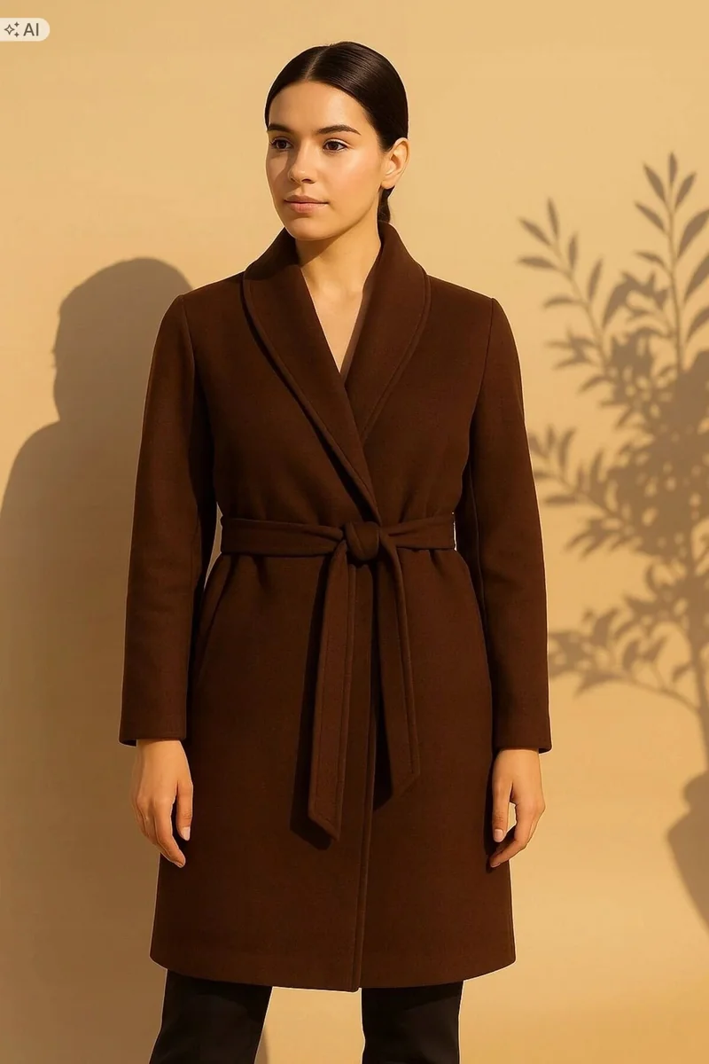 KLASYCZNY PŁASZCZ BRĄZOWY Z MIĘKKIEJ TKANINY ELEGANCKI M 5IA