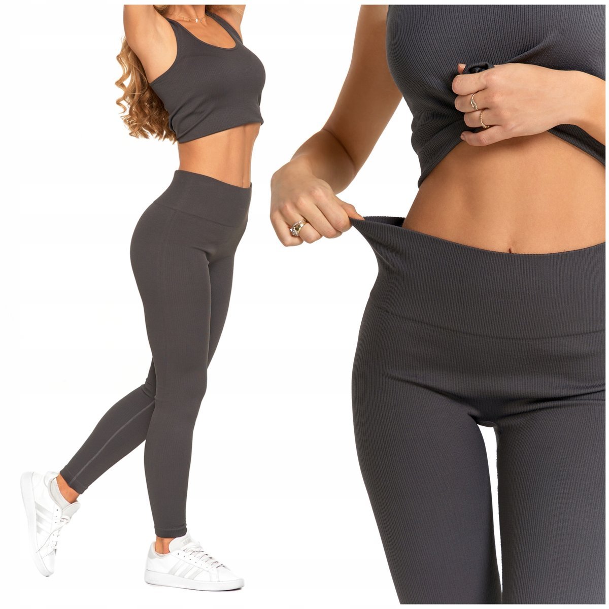 Legginsy Damskie Sportowe Wysoki Stan Kryjące Prążkowane Wygodne MORAJ S/M