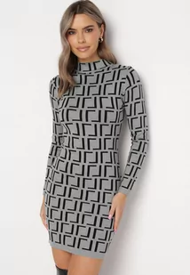 Szara Sukienka Mini ze Sweterkowego Materiału w Geometryczny Wzór Lenikes - Sukienki - miniaturka - grafika 1