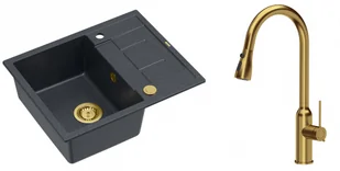 Quadron Unique Zlewozmywak granitowy jednokomorowy 62*50*22 cm z ociekaczem MORGAN 116 BLACK DIAMOND z syfonem Push-2-Open w kolorze złotym z baterią JESSICA Q LINE z wyciąganą wylewką i funkcją prysznica kolor złoty - Zlewozmywaki z baterią - miniaturka - grafika 1