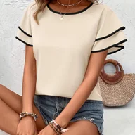 Koszule damskie - TEMU Bluzka Damska z Eleganckim Kontrastowym Wykończeniem i Okrągłym Dekoltem - Jednokolorowa, Możliwość Prania w Pralce, Nieelastyczna na Każdą Porę - miniaturka - grafika 1