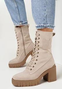 Ciemnobeżowe Botki na Słupku i Platformie ze Sznurowaniem Arove - Botki damskie - miniaturka - grafika 1