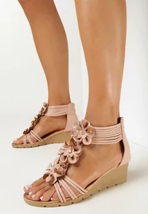 Różowe Sandały na Koturnie z Kwiatami i Suwakiem Alizana - Sandały damskie - miniaturka - grafika 1