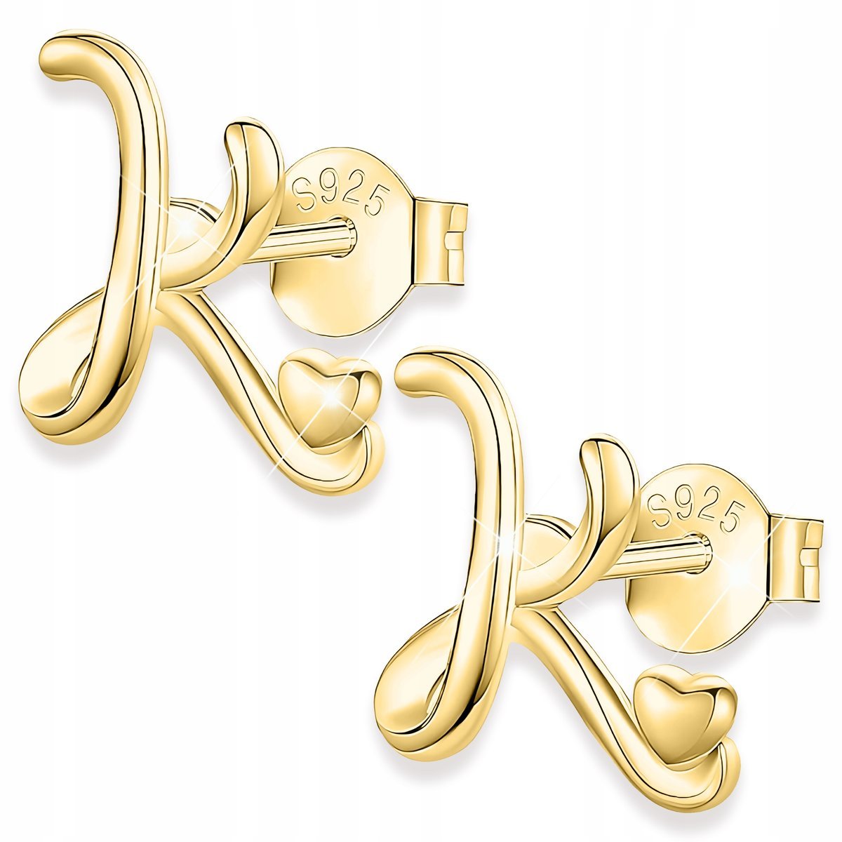 Złote Kolczyki Serce Litery z Sercami Wkrętki Litera Literka K SREBRO 925
