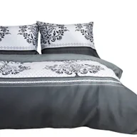 Pościel - Pościel bawełniana 140x200 satyna BAWEŁNA białe i szare pasy w ornamenty - miniaturka - grafika 1