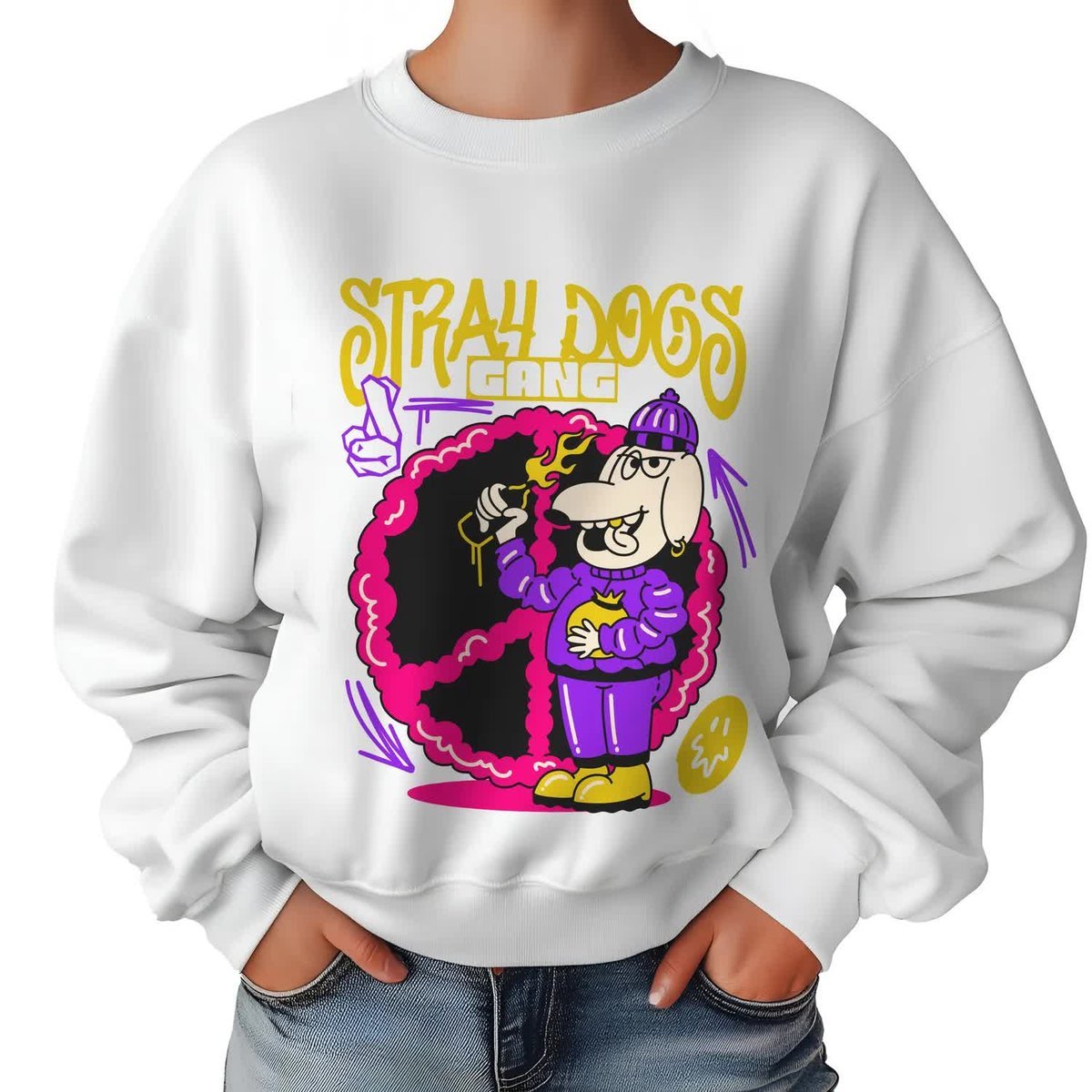 Biała Bluza Damska Dresowa STRAY DOGS GANG Kolorowe Cool Funky Wzory Rozm S