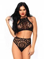 Koszulki i topy damskie - Leg Avenue Crochet Lace Neckholder Crop Top z pasującym stringiem, rozmiar S/M, czarny - miniaturka - grafika 1