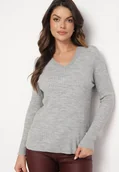 Swetry damskie - Szary Sweter z Trójkątnym Dekoltem z Prążkowanej Dzianiny Derige - miniaturka - grafika 1