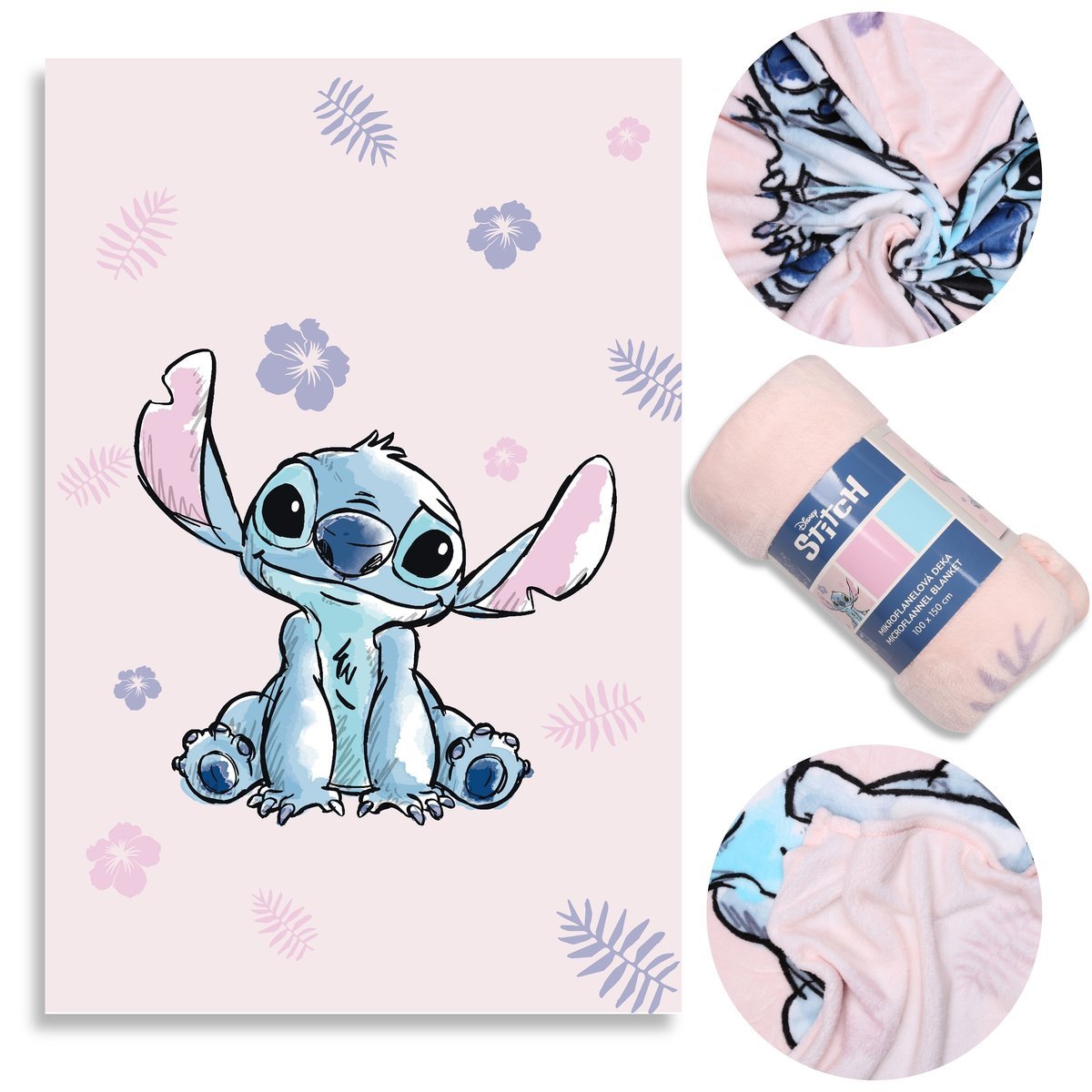 DISNEY Stitch Jasnoróżowy MIĘKKI koc z MIKROFLANELI, narzuta na łóżko dla dzieci 100x150 cm, OEKO-TEX