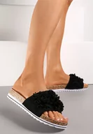 Klapki i japonki damskie - Czarne Klapki na Płaskiej Podeszwie z Ozdobnymi Kwiatami Nalaratia - miniaturka - grafika 1