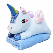 Koce i narzuty dla dzieci - KOC Z PODUSZKĄ 2W1 MASKOTKA JEDNOROŻEC BŁĘKIT - miniaturka - grafika 1