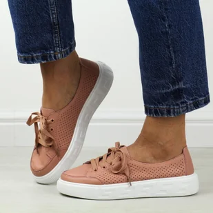 Różowe ażurowe skórzane półbuty damskie Sergio Leone sp017 - Półbuty damskie - miniaturka - grafika 1