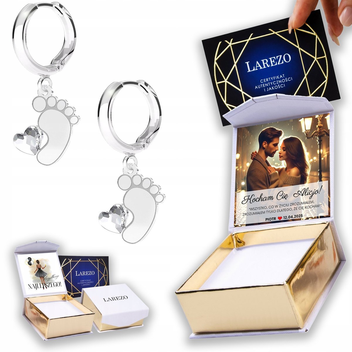 Kolczyki Srebrne 925 Stopy Stópki Dziecka z Cyrkonią Serca Stopa NADRUK