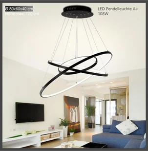 Lampa wisząca LED 2130Black- 3 pierścienie 40*60*80cm 108W z pilotem Regulacja barwy światła/jasności Akrylowy klosz Czarny lakierowany metalowy stelaż - Oprawy, klosze i abażury - miniaturka - grafika 1