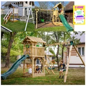 Place zabaw - BARDZO SOLIDNY PLAC ZABAW Domek Dla Dzieci Zjeżdżalnia 2x Huśtawka Piaskownica CE + DODATKI + EBOOK - miniaturka - grafika 1