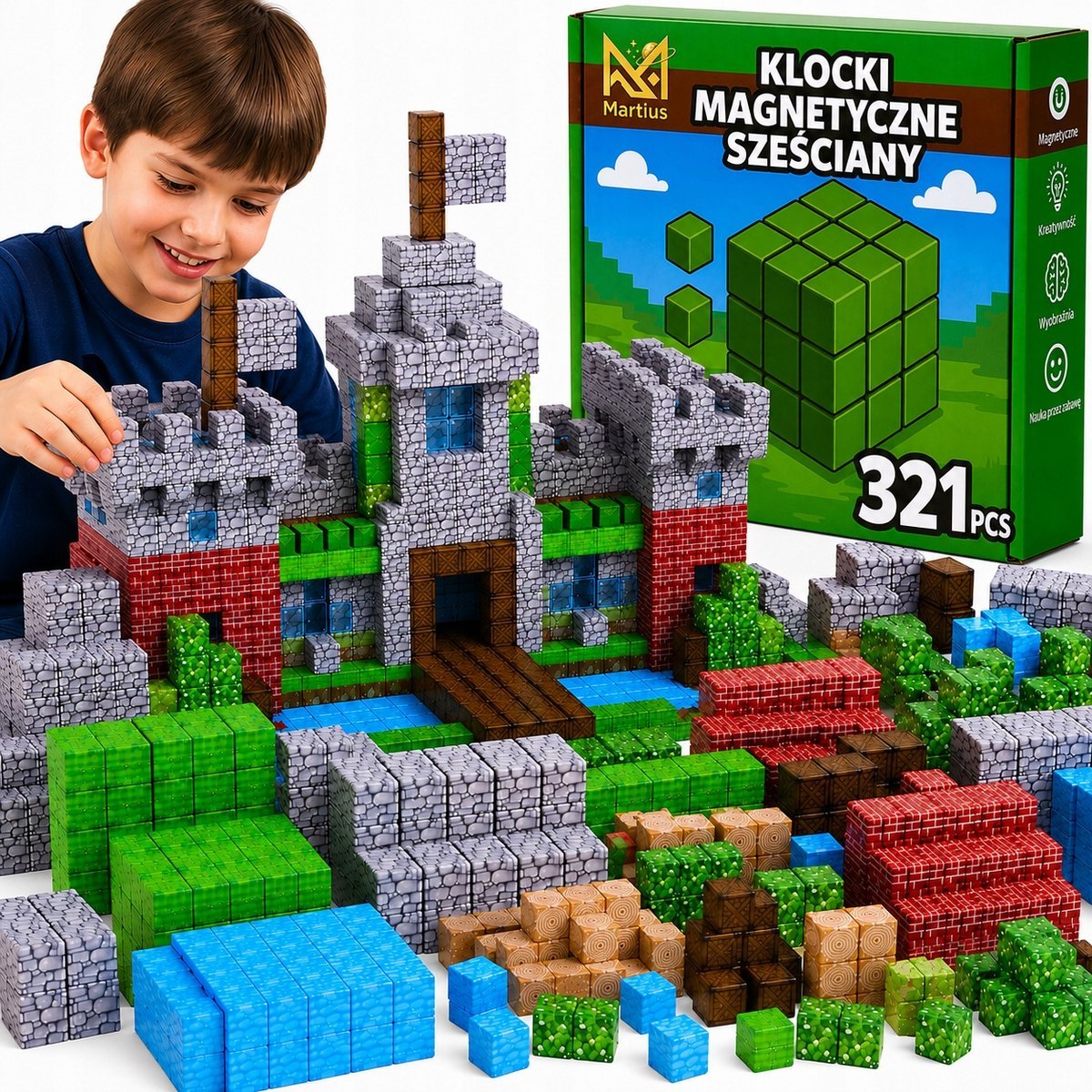 Klocki Magnetyczne 3D Sześciany Piksele XXL 321 Elementów Płytka 6 Figurek 3+