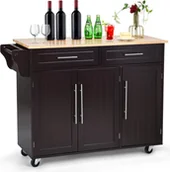 Wózki kuchenne - Wózek kuchenny z blatem, szafka kuchenna na kółkach, mobilna wyspa kuchenna, wózek do serwowania z 2 szufladami i regulowaną półką, szafka kuchenna na kółkach (brązowa) - miniaturka - grafika 1