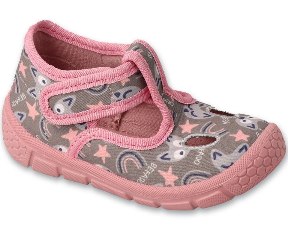Kapcie dziecięce Befado 630P017 dziewczęce domowe rzepy szaro-różowe-22