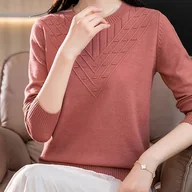 Swetry damskie - TEMU Damski elegancki sweter z dzianiny, jednokolorowy top z okrągłym dekoltem i długim rękawem, modny pulower na każdą porę roku, 75% viskona 25% - miniaturka - grafika 1