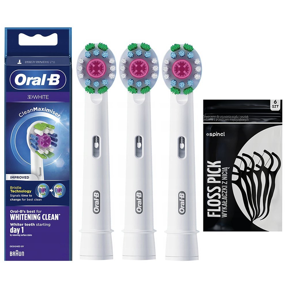3X Oryginalna Końcówka Oral-B 3D White Wybielająca + Wykałaczki Z Nicią