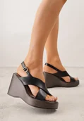 Sandały damskie - Czarne Sandały na Platformie i Koturnie z Geometryczną Cholewką Adrasithise - Renee - miniaturka - grafika 1