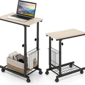 Ławy i stoliki kawowe - Stolik Pomocniczy w Kształcie Litery C, Stolik pod Kanapę na Kółkach, Stolik pod Laptopa, Regulowana Wysokość, Mobilny Stolik Kawowy - miniaturka - grafika 1