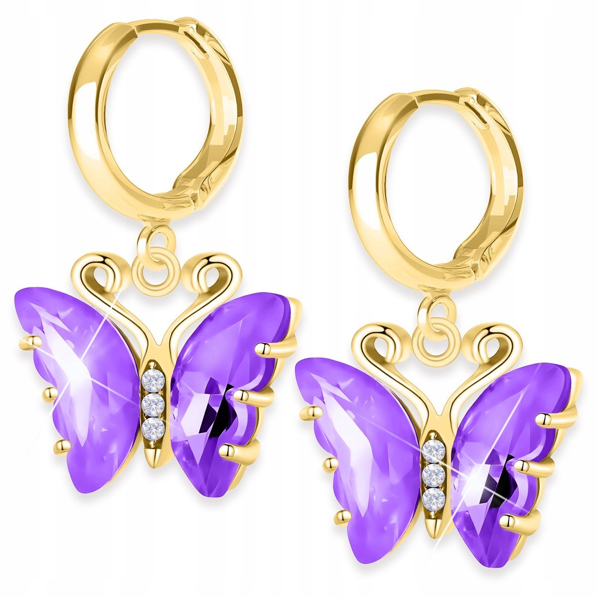 Złote Kolczyki z Motylami Fioletowe Skrzydła Motyle Motylki SREBRO 925