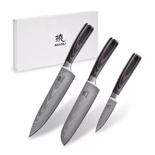 Shiori 3-Set 撓 Chairo Shōto + Santoku + Sifu - zestaw trzech noży ze stali damasceńskiej - Noże kuchenne - miniaturka - grafika 1