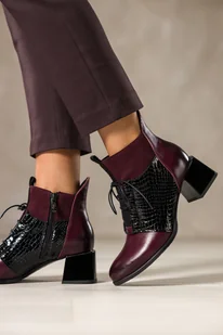 Bordowe botki skórzane damskie płaskie wstawki lakierowane z wzorem wężowym sznurowane PRODUKT POLSKI Casu 39476 - Botki damskie - miniaturka - grafika 1