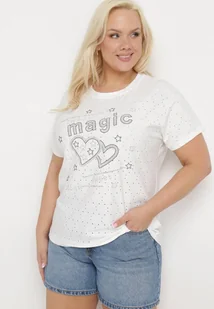 Biały T-shirt Ażurowy z Ozdobnymi Cyrkoniami Cevola - Koszulki i topy damskie - miniaturka - grafika 1