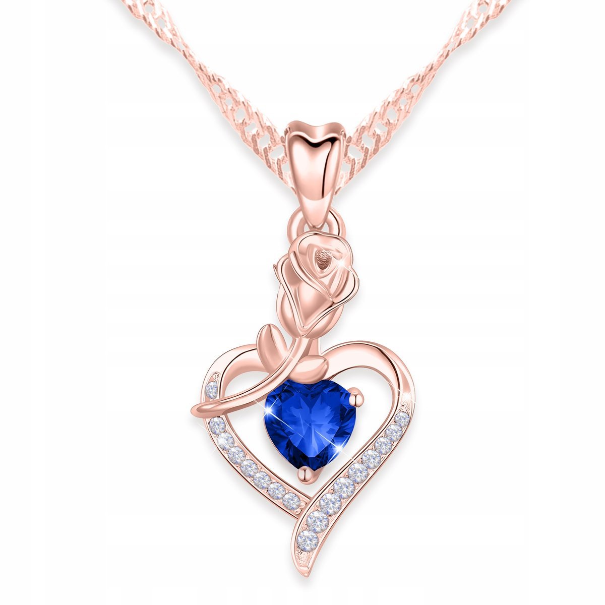 Naszyjnik Pozłacany z Cyrkoniami Niebieskie Serce Róża Kwiat SREBRO 925