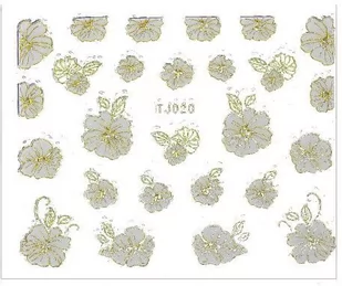 Allepaznokcie Naklejki 3D Kwiatki TJ020 białe ze złotą obwódką arkusz - Ozdoby do paznokci - miniaturka - grafika 1