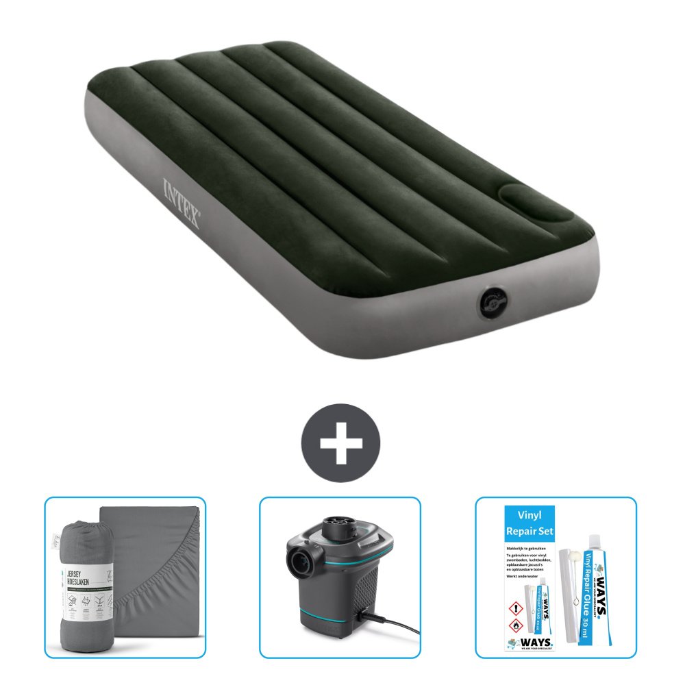 Dmuchane łóżko Intex - 1 osoba - 76 x 191 x 25 cm - zielone - prześcieradło - pompka i zestaw naprawczy